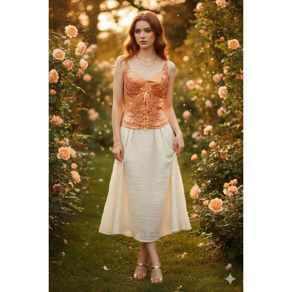 VTG Y2K Orange Satin Lace Applique Ribbon Detail Corset Bustier Top Bridgerton